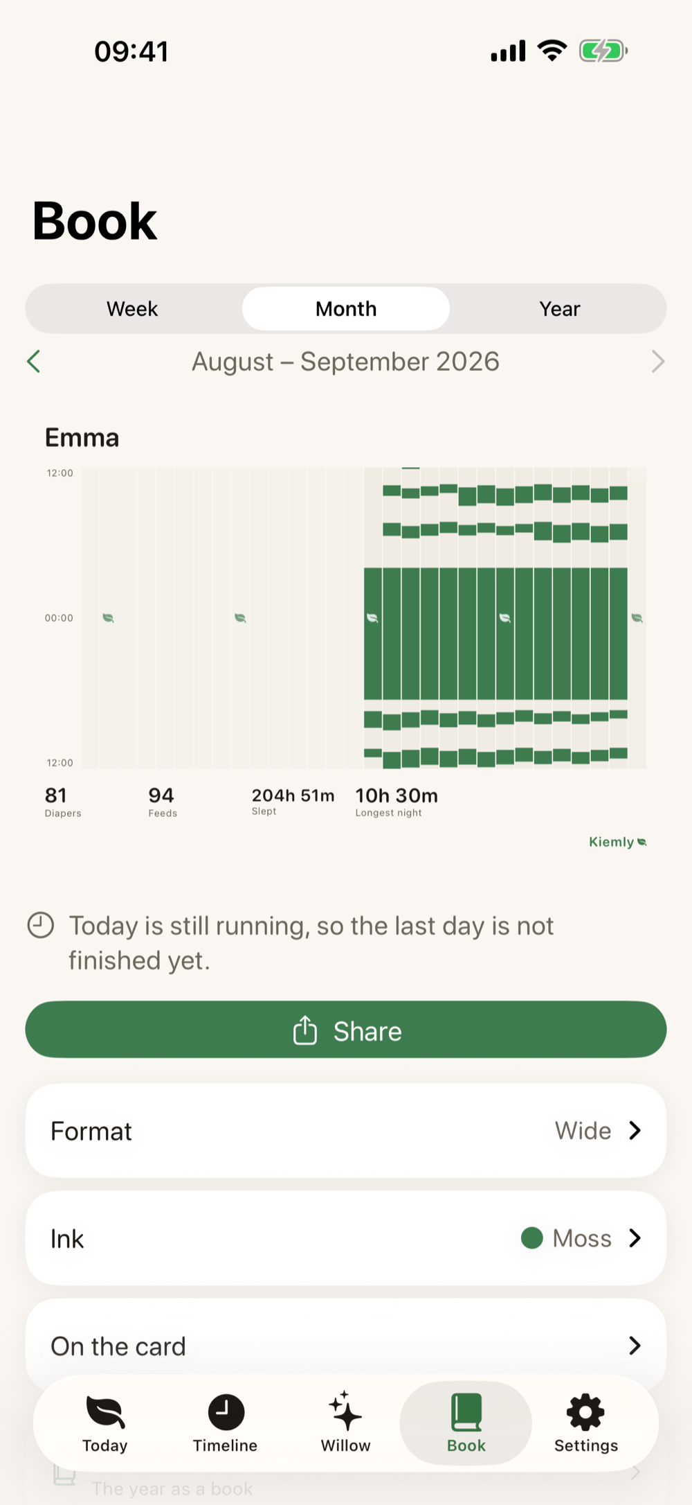 The Book's month card in Kiemly on iPhone